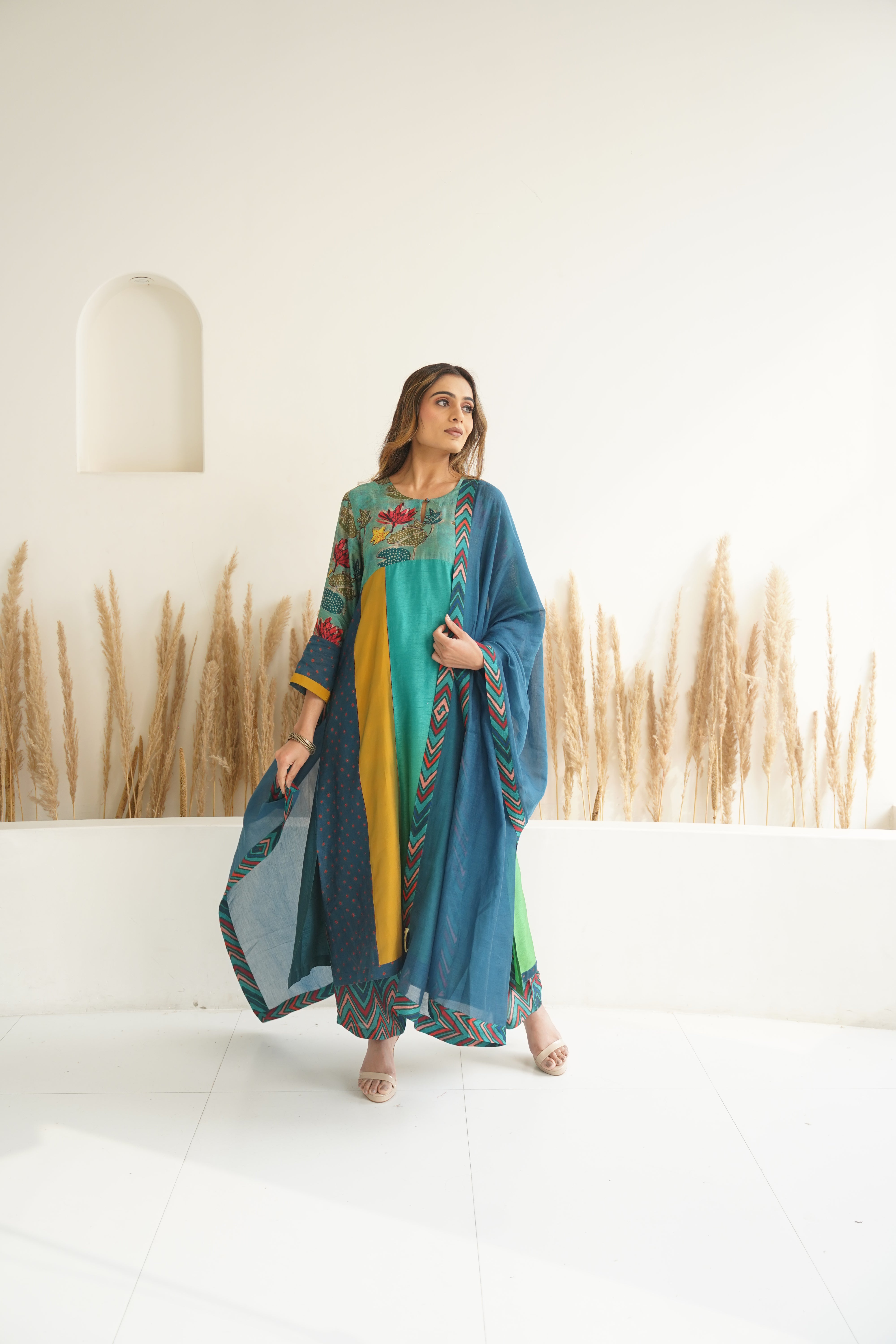 Green Blue Ombre Kali mix and match Kurta set with dupatta and pants