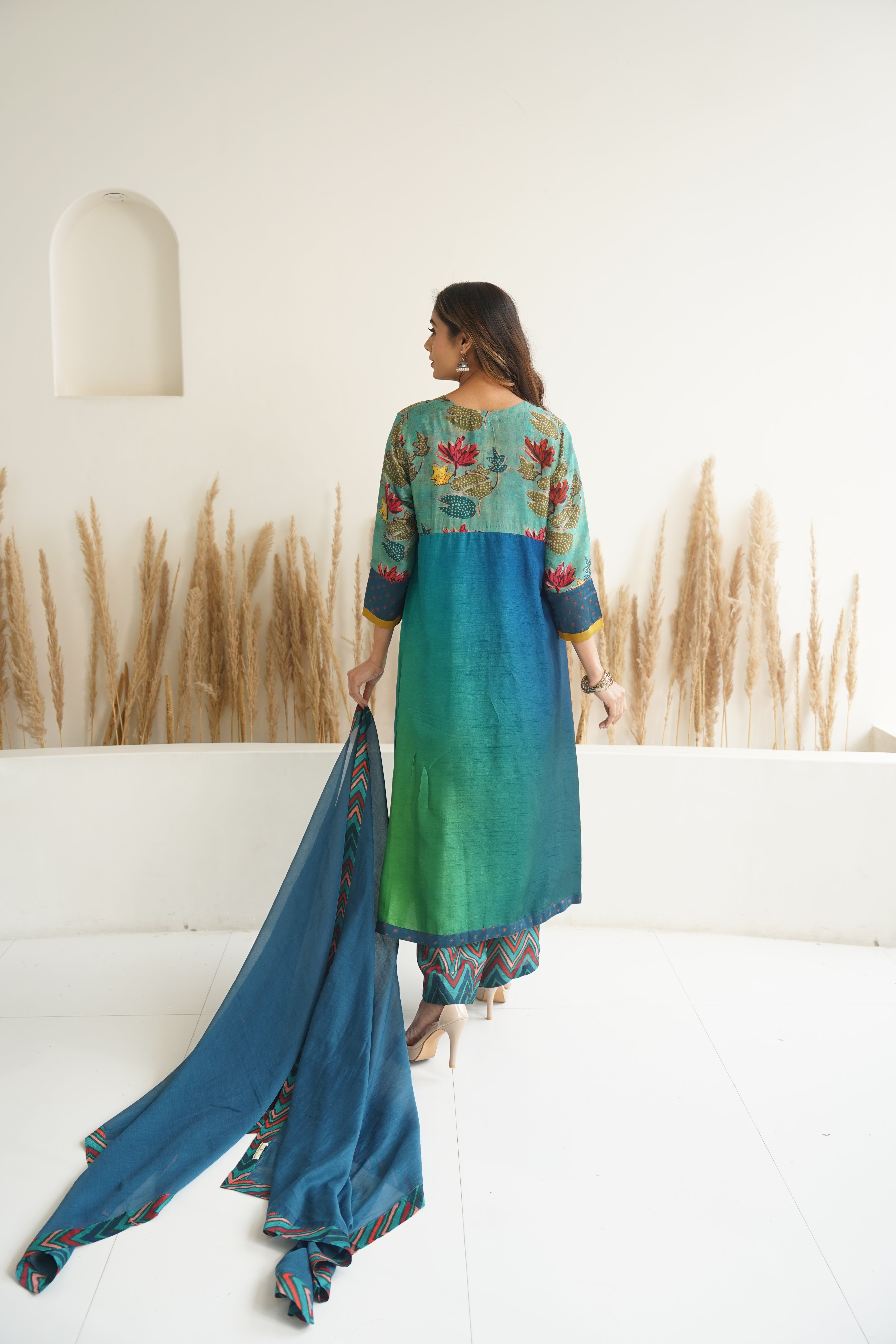 Green Blue Ombre Kali mix and match Kurta set with dupatta and pants