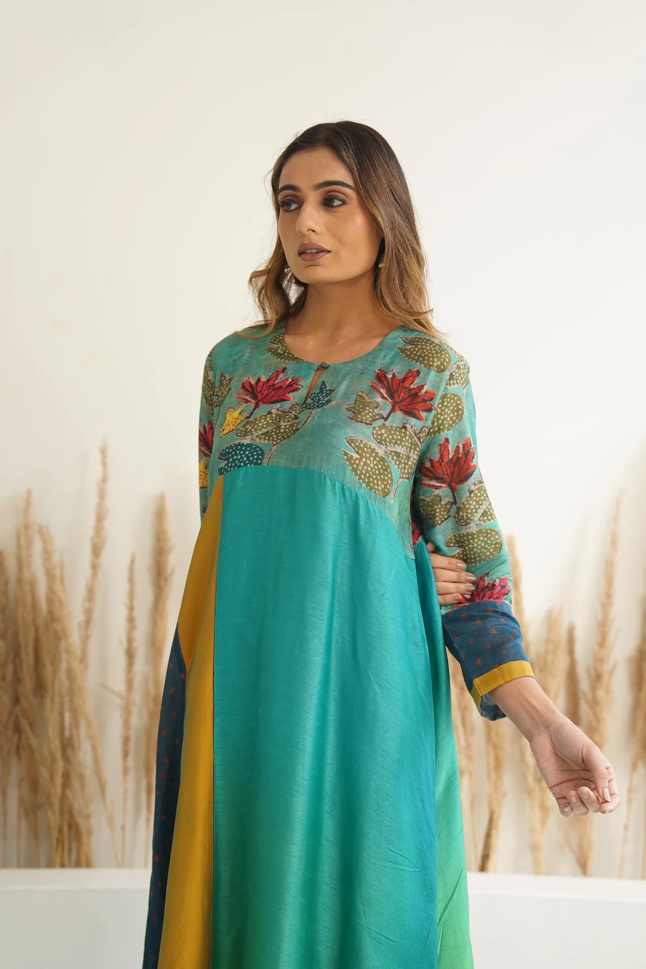 Green Blue Ombre Kali mix and match Kurta set with dupatta and pants