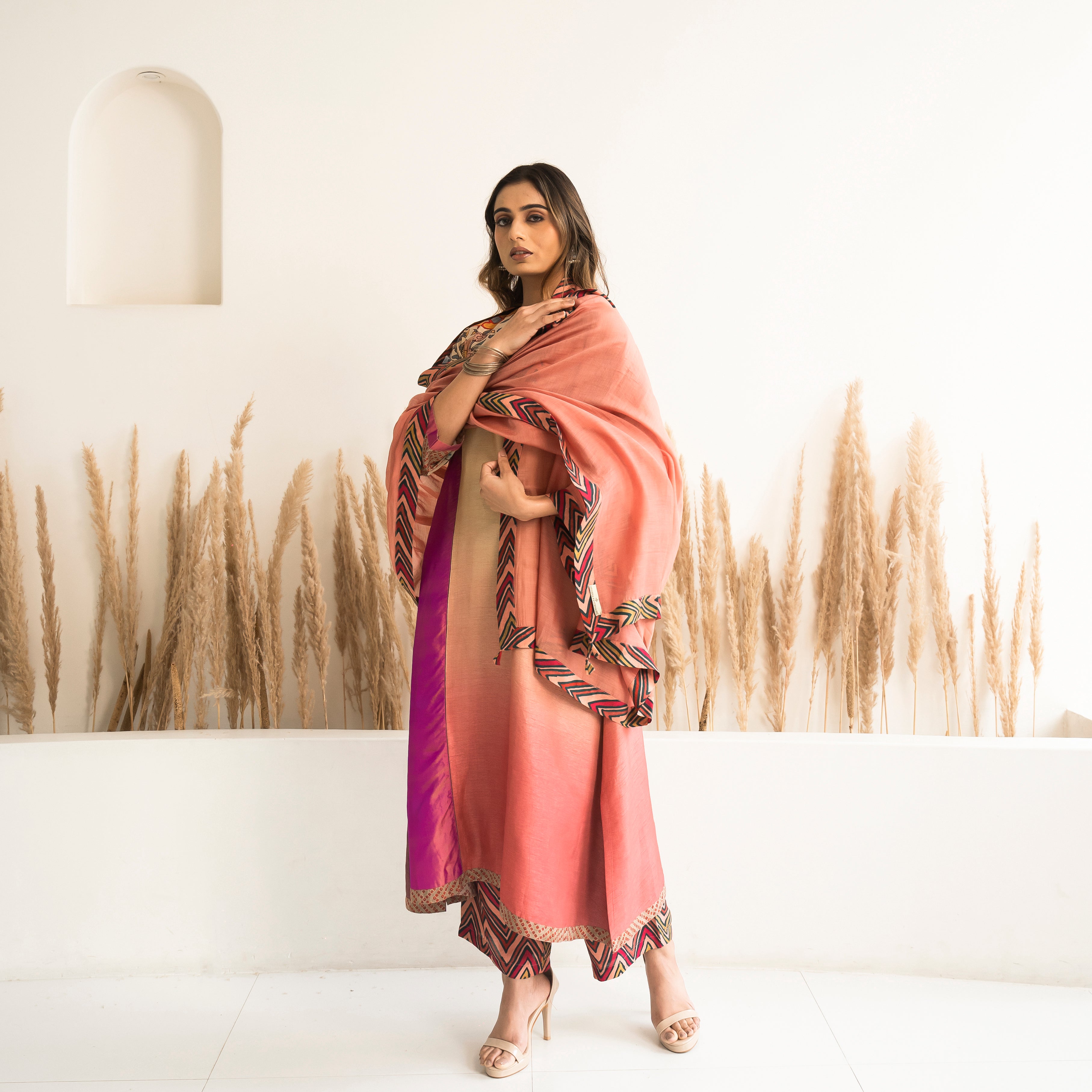 Peach Beige Ombre Kali mix and match Kurta set with dupatta and pants