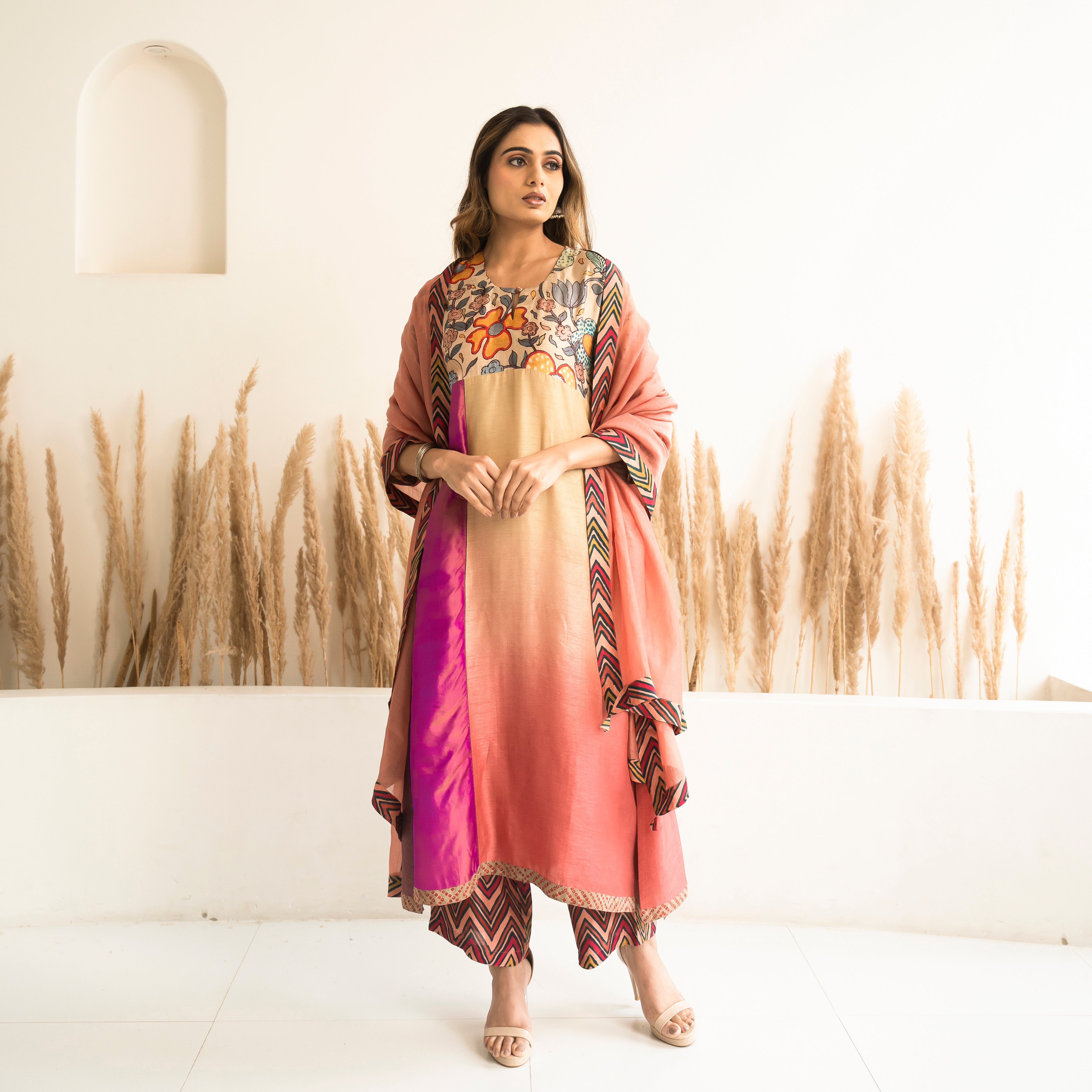 Peach Beige Ombre Kali mix and match Kurta set with dupatta and pants