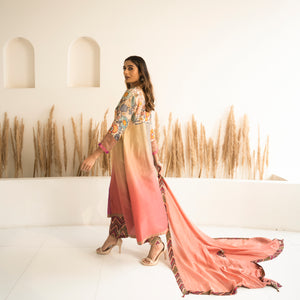 Peach Beige Ombre Kali mix and match Kurta set with dupatta and pants