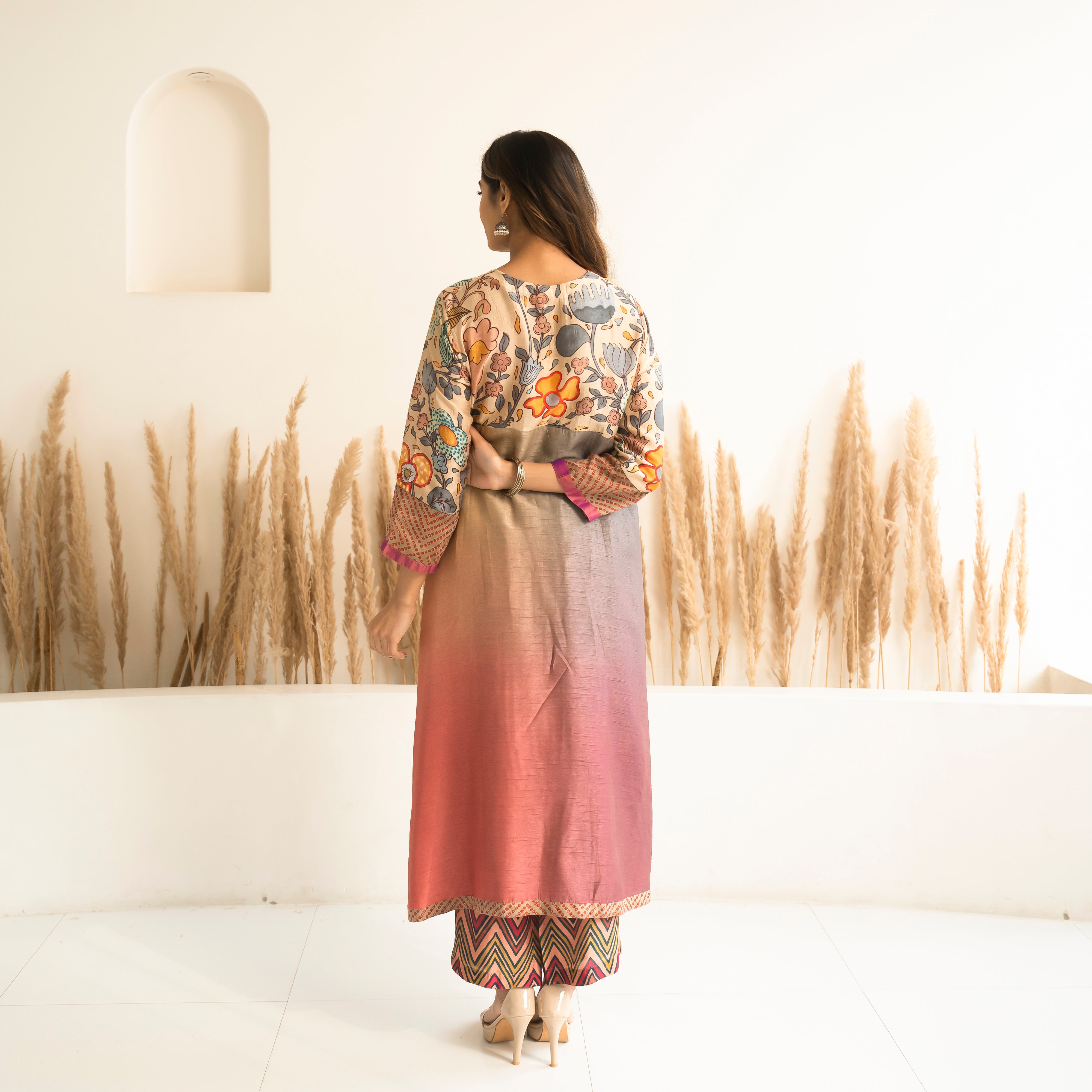 Peach Beige Ombre Kali mix and match Kurta set with dupatta and pants