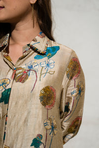 Beige Floral Art Jacket with top and pant (3 Pc)
