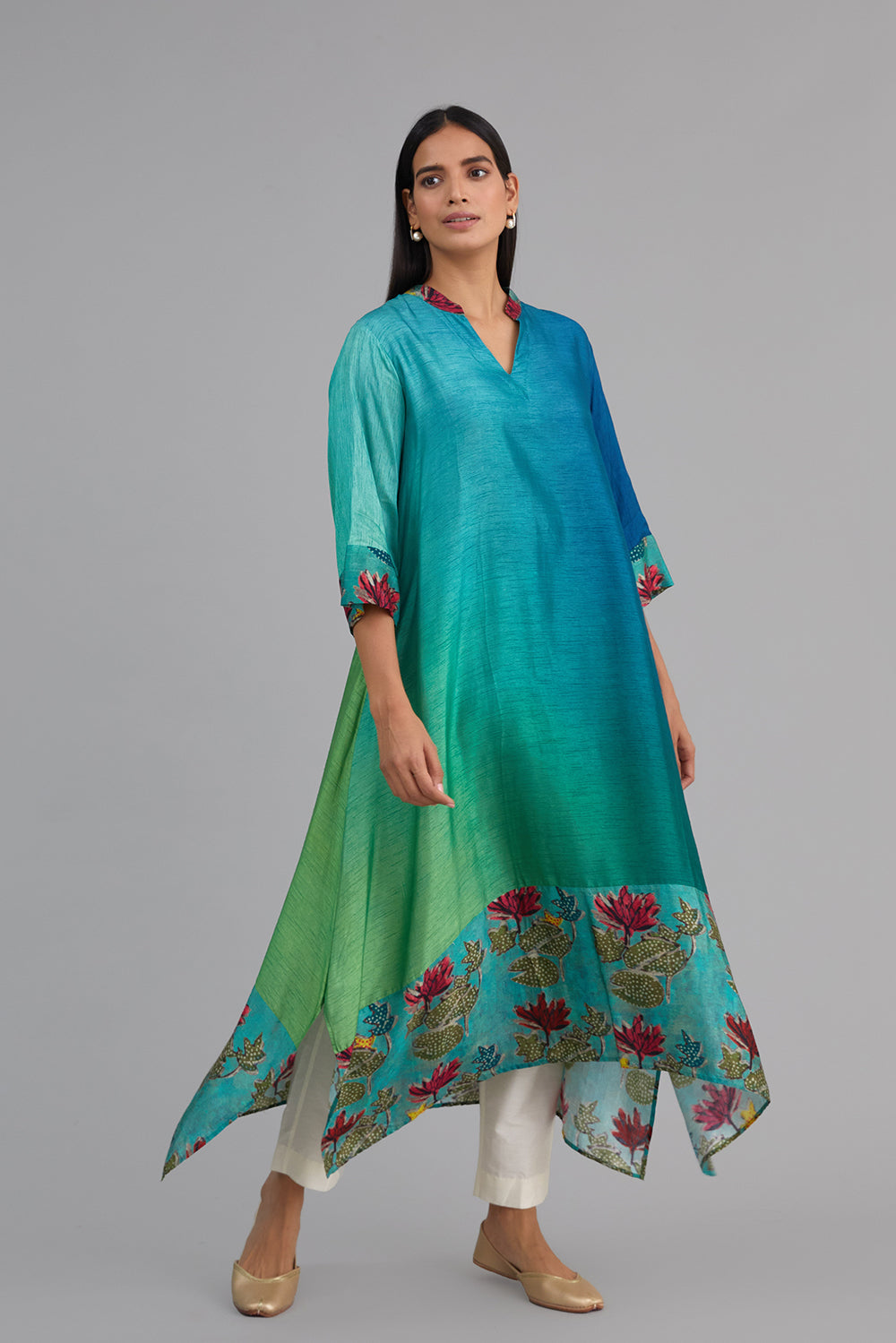 Green Blue Ombre Asymmetrical mix and match Kurta