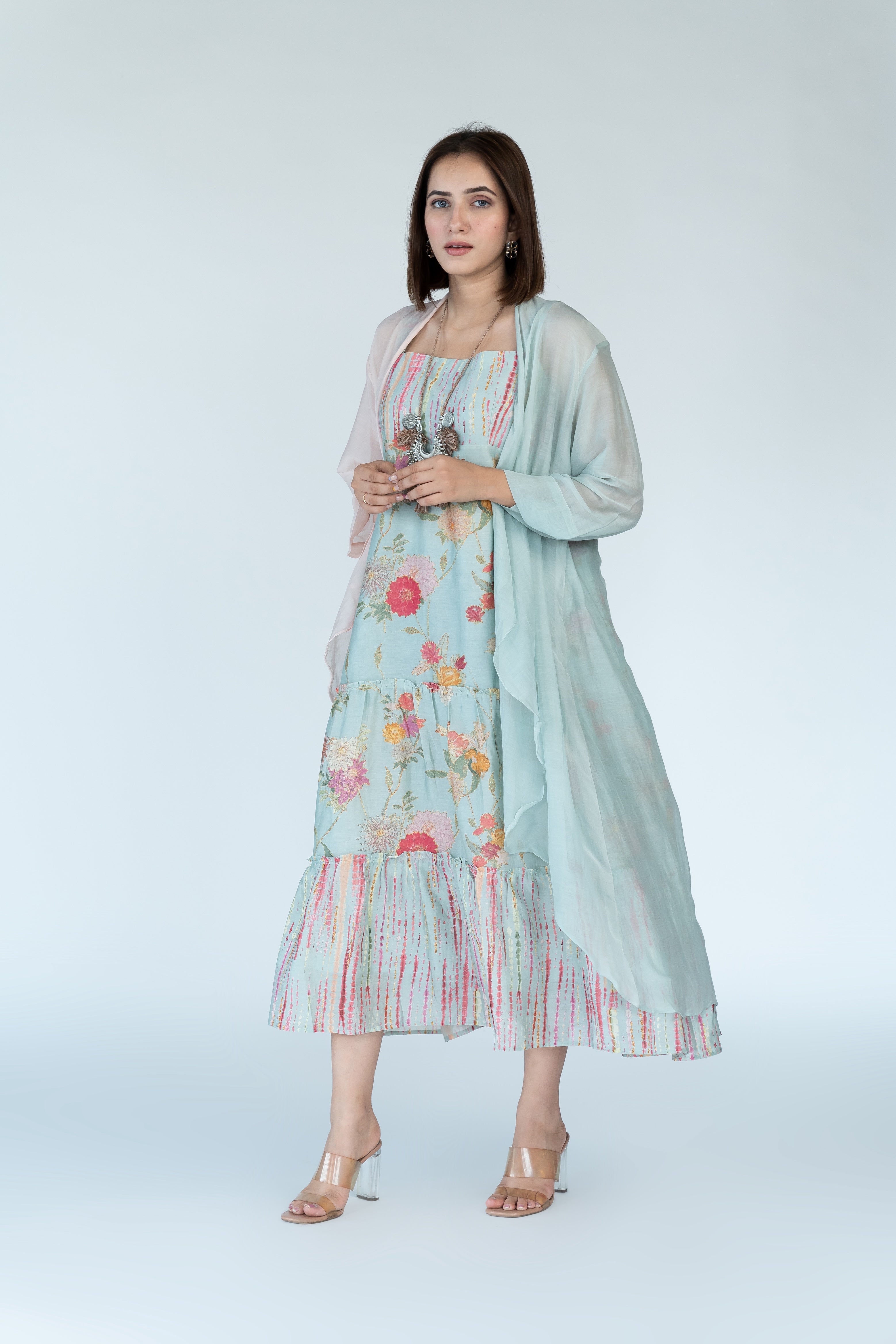 Powder Blue Summer Chanderi Dress with Cape