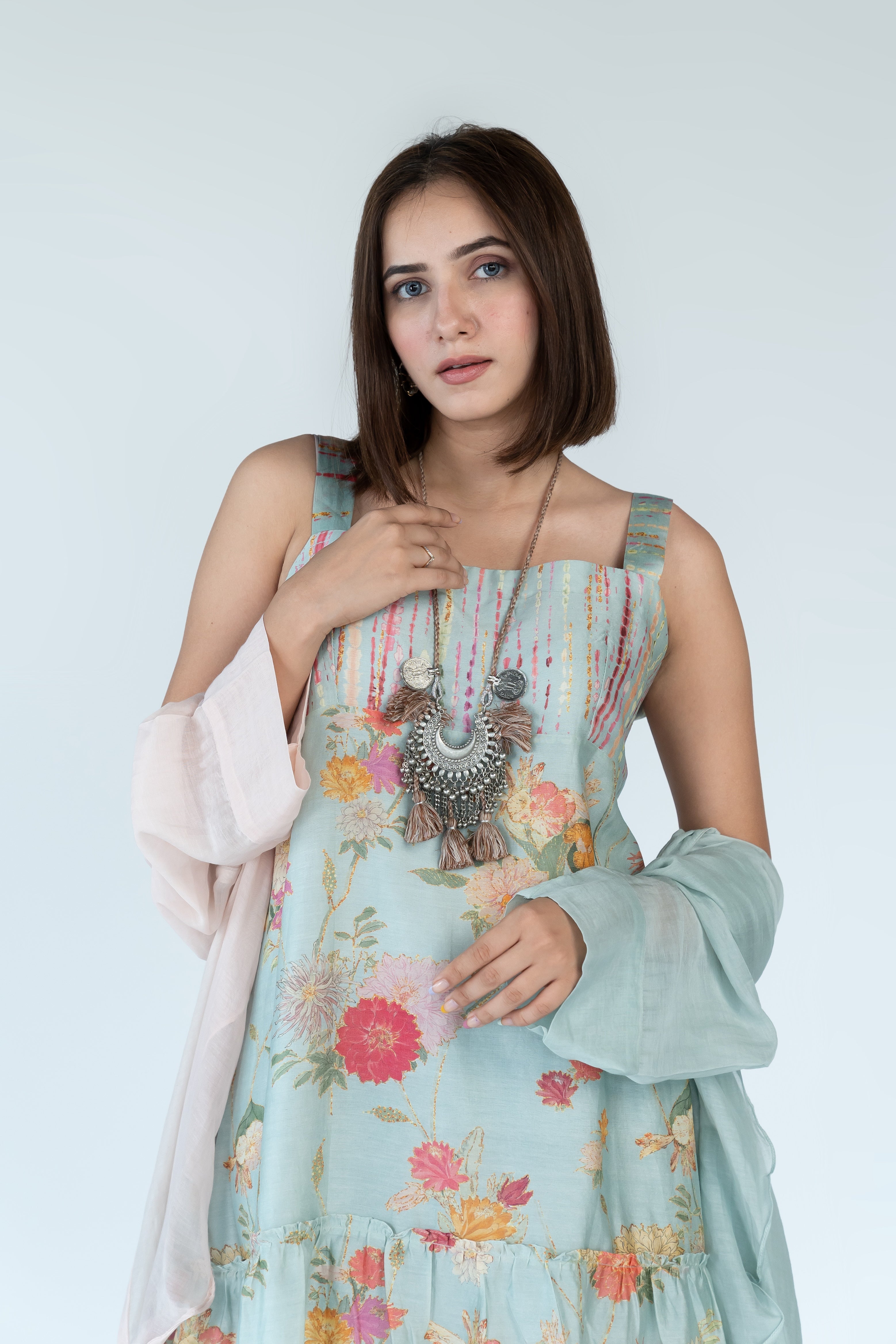 Powder Blue Summer Chanderi Dress with Cape