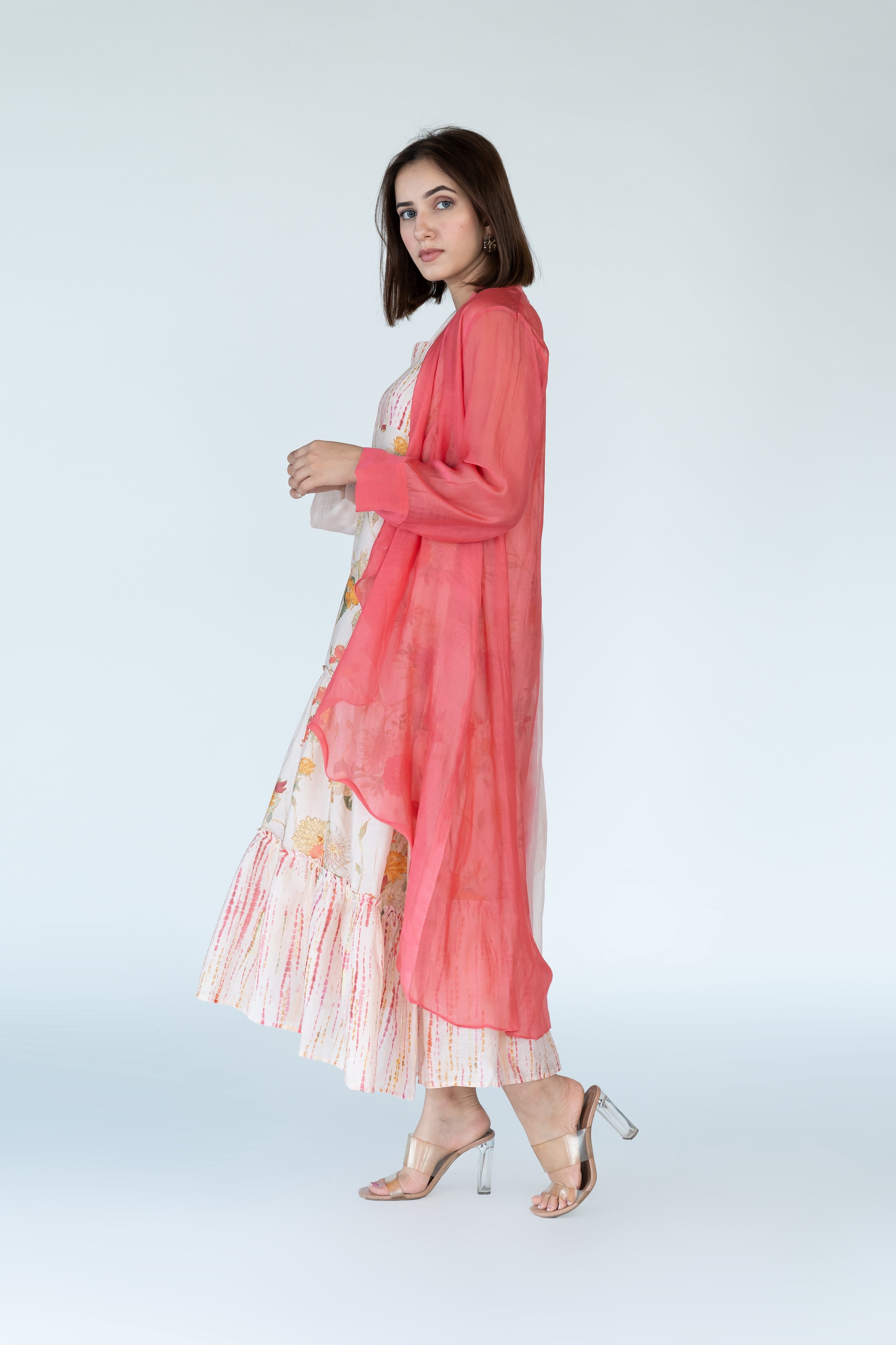 Salmon Pink Summer Chanderi Dress with Cape