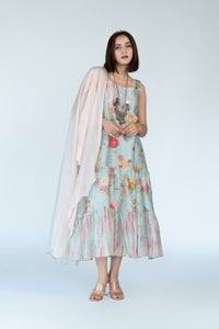 Powder Blue Summer Chanderi Dress with Cape