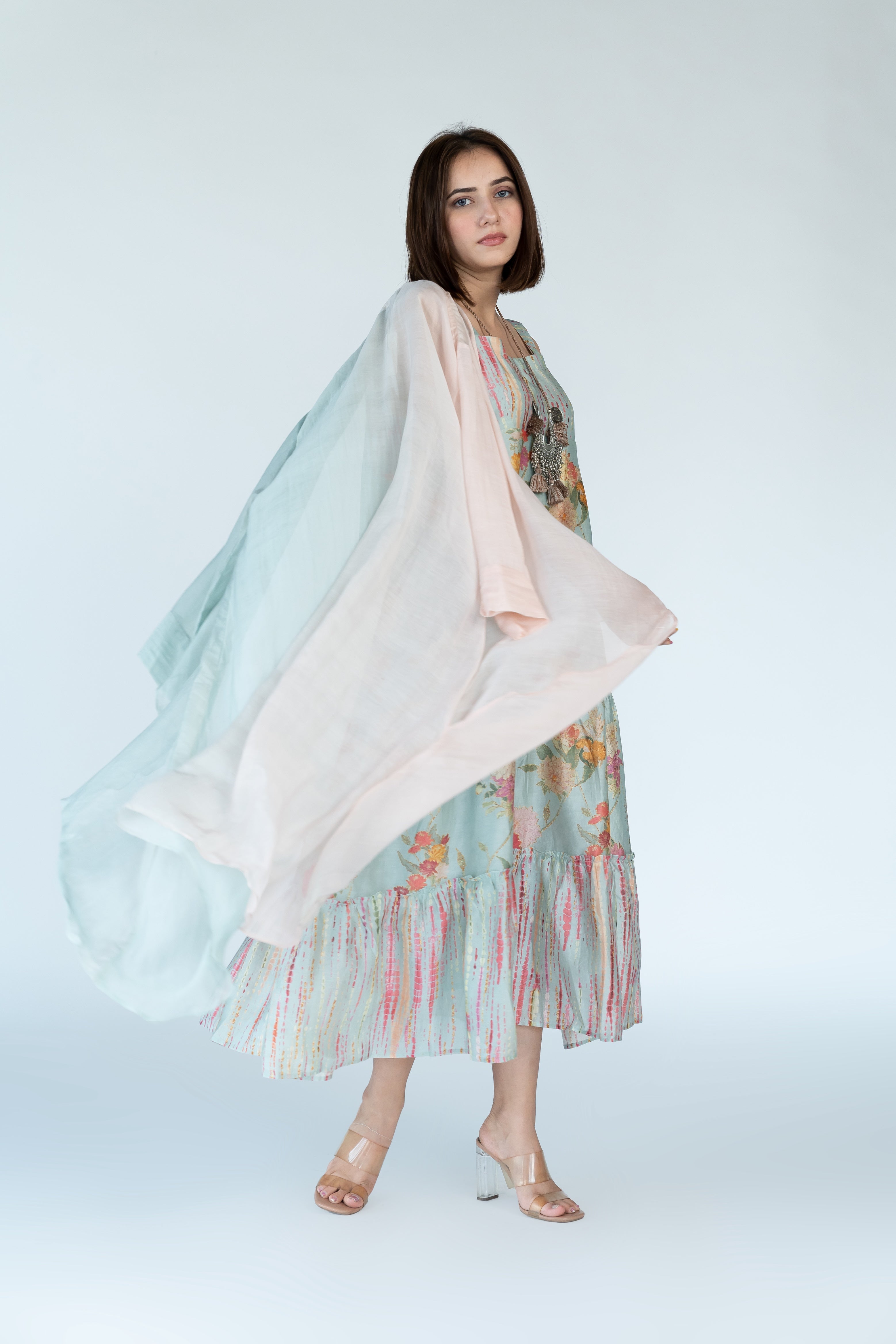 Powder Blue Summer Chanderi Dress with Cape