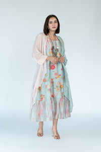 Powder Blue Summer Chanderi Dress with Cape