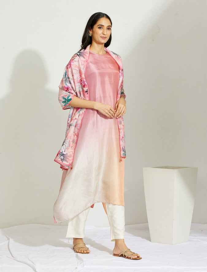 Grey Peach Mauve Asymmetric Dupion Silk Ombre Kurta With Silk Printed Stole