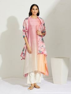 Grey Peach Mauve Asymmetric Dupion Silk Ombre Kurta With Silk Printed Stole