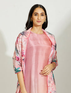 Grey Peach Mauve Asymmetric Dupion Silk Ombre Kurta With Silk Printed Stole