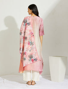 Grey Peach Mauve Asymmetric Dupion Silk Ombre Kurta With Silk Printed Stole