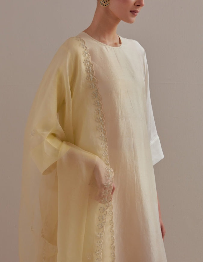 Ivory Ombre Kurta with Scalloped Organza Dupatta and pants