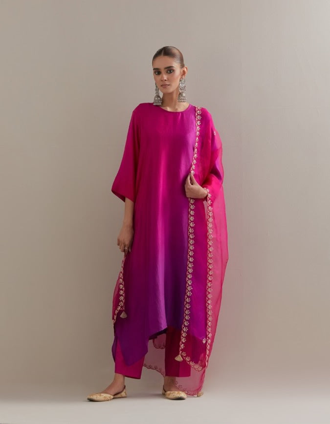 Brinjal Burgundy Ombre Kurta with Scalloped Organza Dupatta and pants