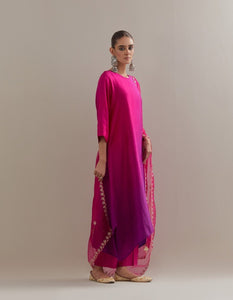 Brinjal Burgundy Ombre Kurta with Scalloped Organza Dupatta and pants