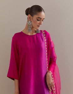 Brinjal Burgundy Ombre Kurta with Scalloped Organza Dupatta and pants