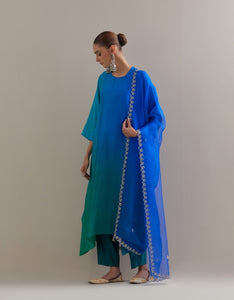 Green Blue Ombre Kurta with Scalloped Organza Dupatta and pants