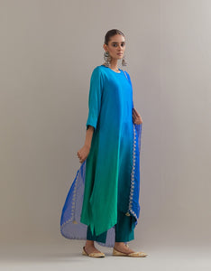 Green Blue Ombre Kurta with Scalloped Organza Dupatta and pants