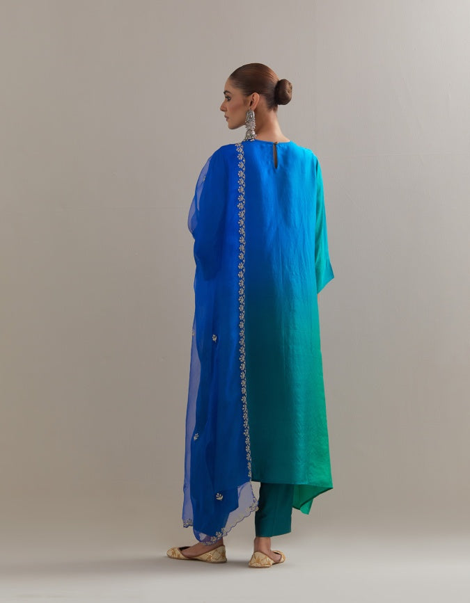 Green Blue Ombre Kurta with Scalloped Organza Dupatta and pants