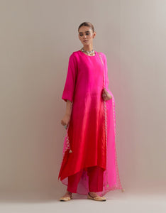 Fuchsia Red Ombre Kurta with Scalloped Organza Dupatta and pants