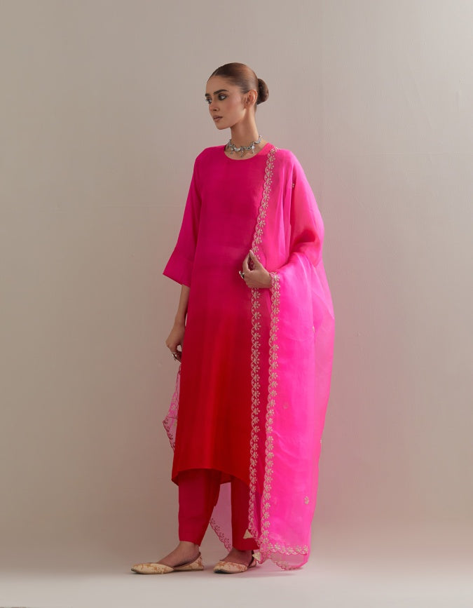 Fuchsia Red Ombre Kurta with Scalloped Organza Dupatta and pants