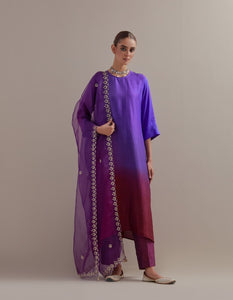 Deep Purple Ombre Kurta with Scalloped Organza Dupatta and pants