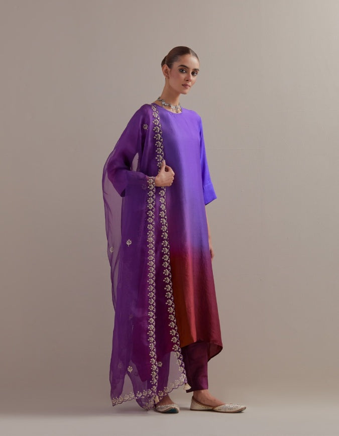 Deep Purple Ombre Kurta with Scalloped Organza Dupatta and pants