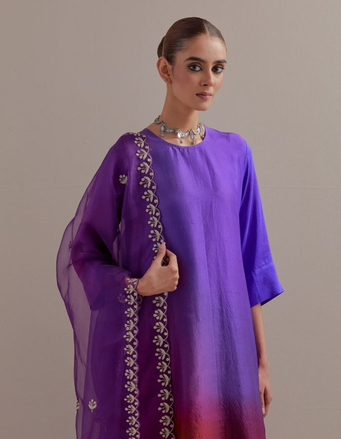 Deep Purple Ombre Kurta with Scalloped Organza Dupatta and pants