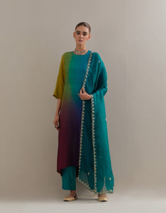 Green Purple Ombre Kurta with Scalloped Organza Dupatta and pants