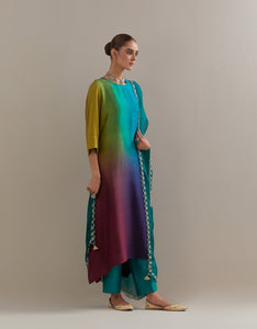 Green Purple Ombre Kurta with Scalloped Organza Dupatta and pants