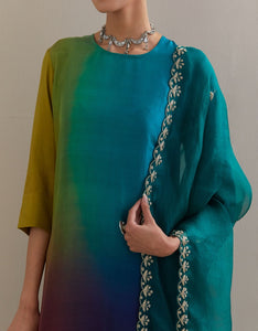 Green Purple Ombre Kurta with Scalloped Organza Dupatta and pants