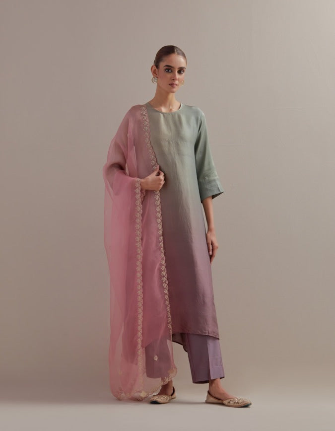 Sea Green Mauve Ombre Kurta with Scalloped Organza Dupatta and pants