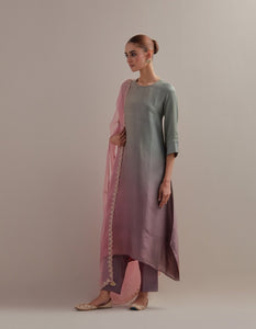 Sea Green Mauve Ombre Kurta with Scalloped Organza Dupatta and pants