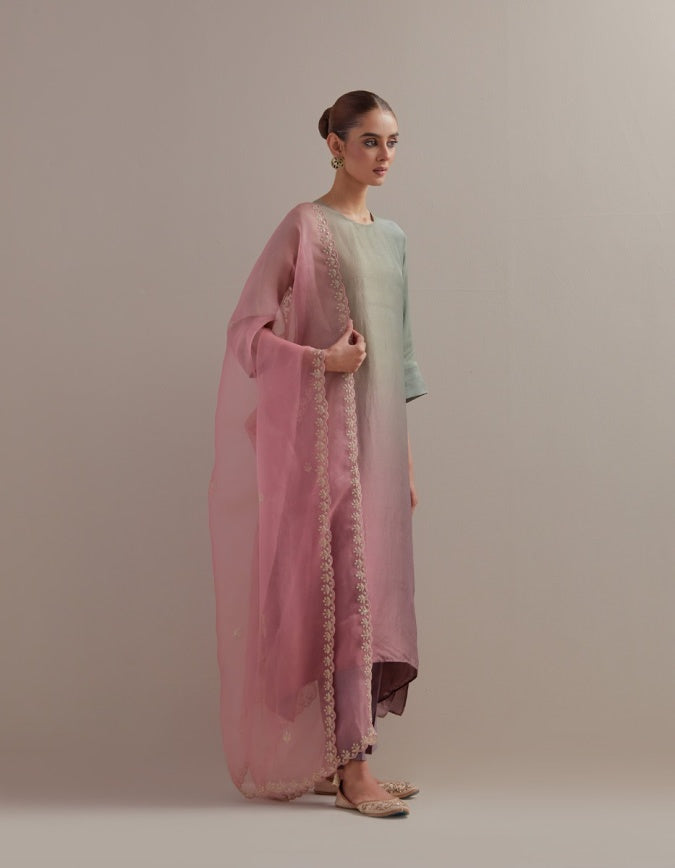 Sea Green Mauve Ombre Kurta with Scalloped Organza Dupatta and pants