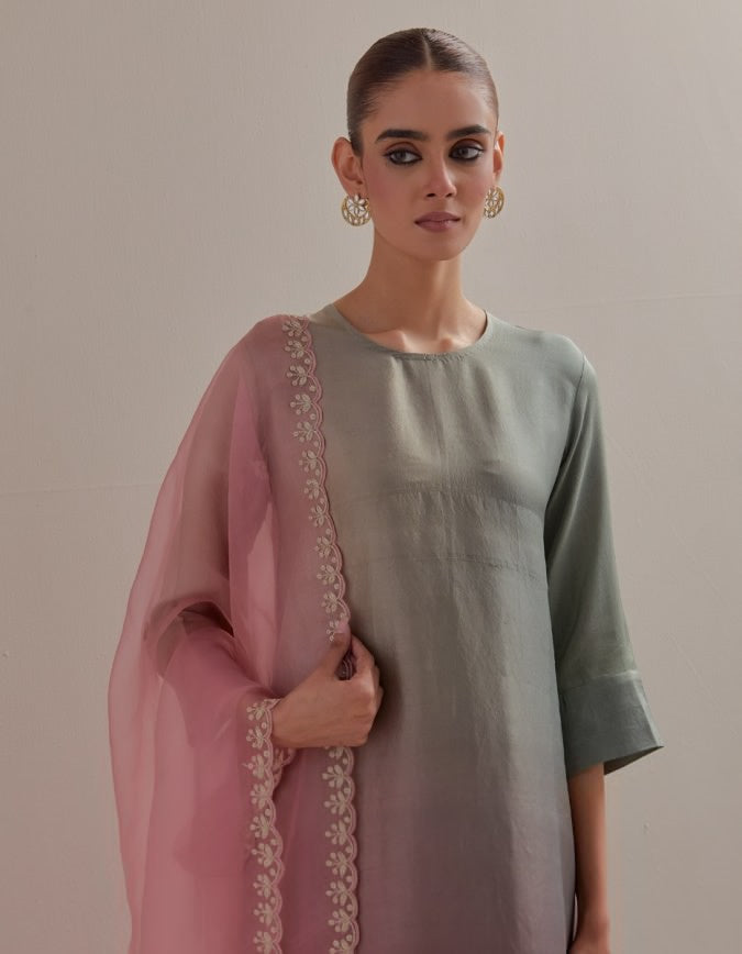 Sea Green Mauve Ombre Kurta with Scalloped Organza Dupatta and pants