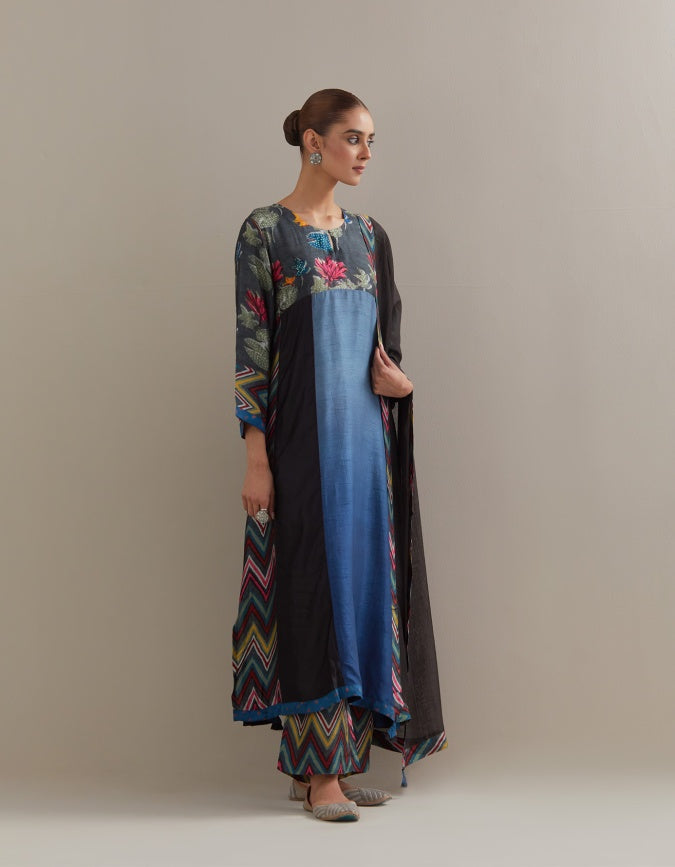 Black Indigo Ombre Kali mix and match Kurta set with dupatta and pants