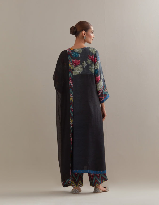 Black Indigo Ombre Kali mix and match Kurta set with dupatta and pants