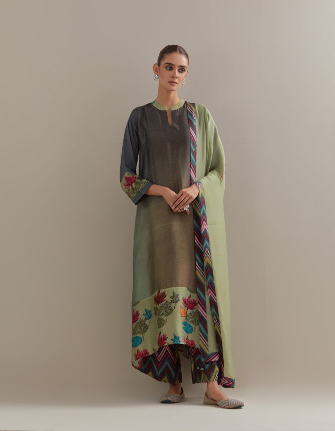 Pista Grey Ombre mix and match Kurta set with dupatta and pants