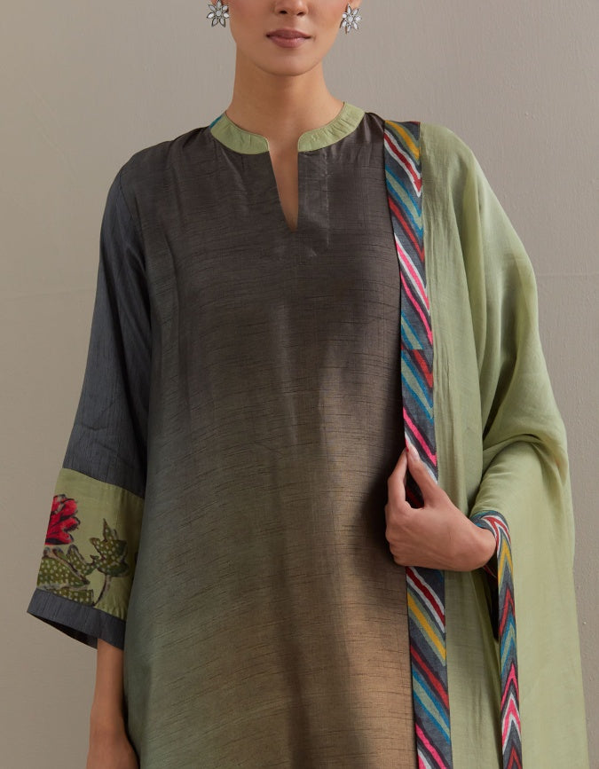 Pista Grey Ombre mix and match Kurta set with dupatta and pants