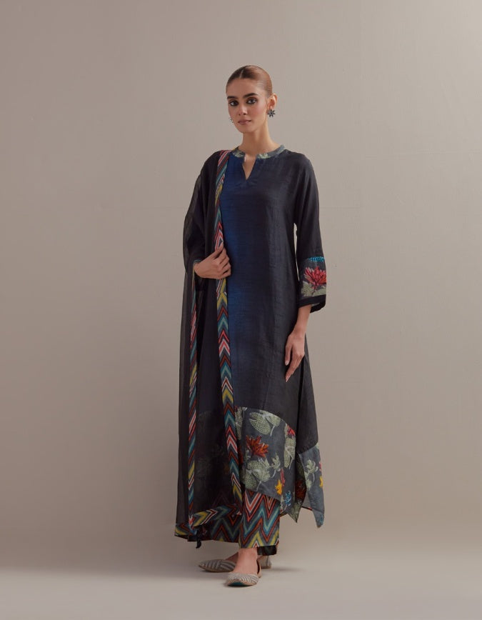 Black Indigo Ombre mix and match Kurta set with dupatta and pants