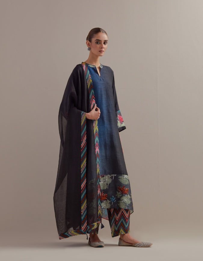 Black Indigo Ombre mix and match Kurta set with dupatta and pants