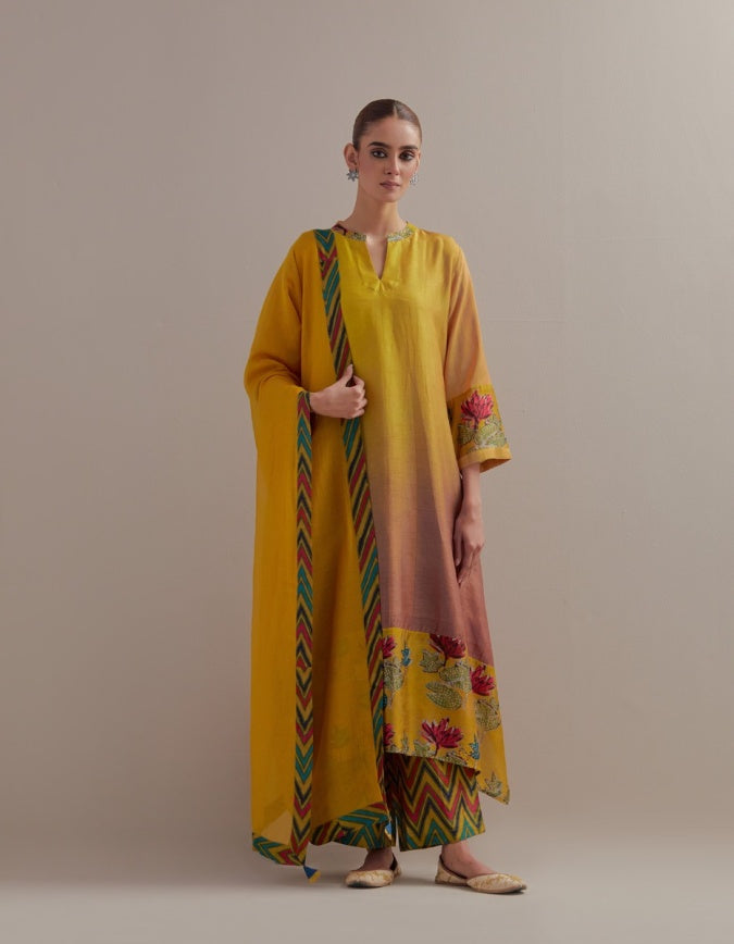 Yellow Ombre mix and match Kurta set with dupatta and pants