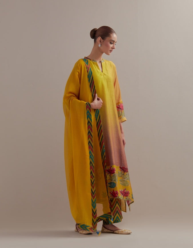 Yellow Ombre mix and match Kurta set with dupatta and pants