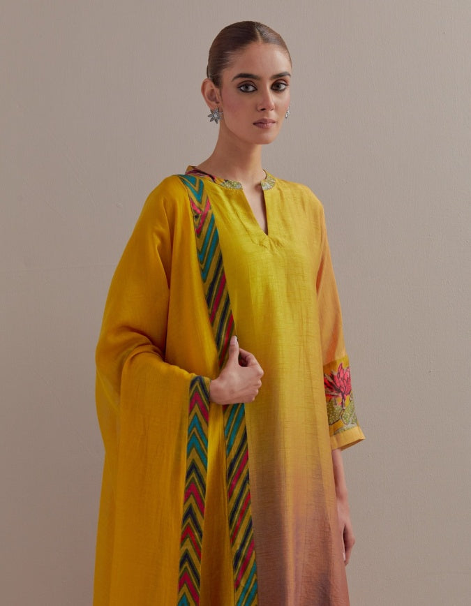 Yellow Ombre mix and match Kurta set with dupatta and pants