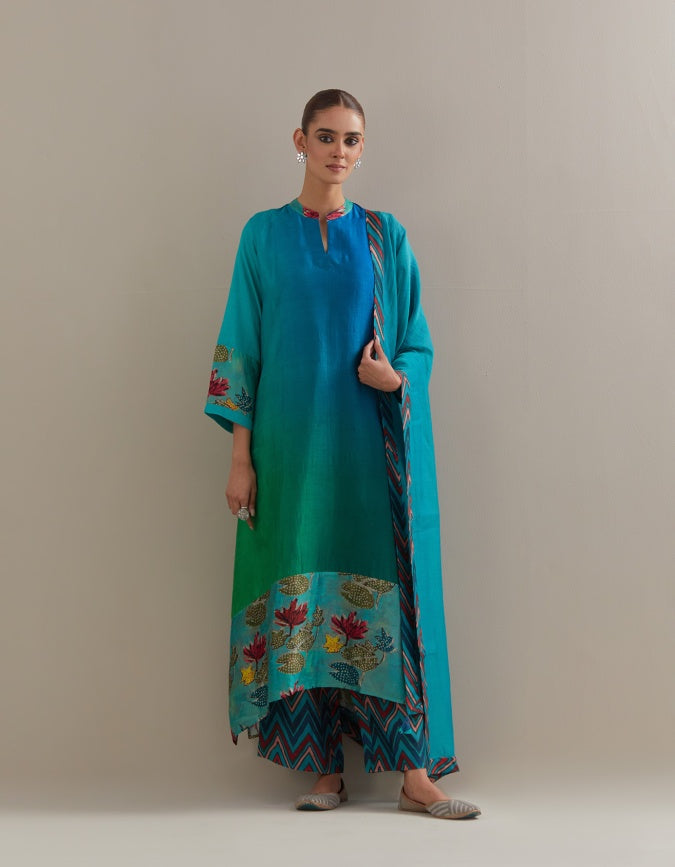 Green Blue Ombre mix and match Kurta set with dupatta and pants