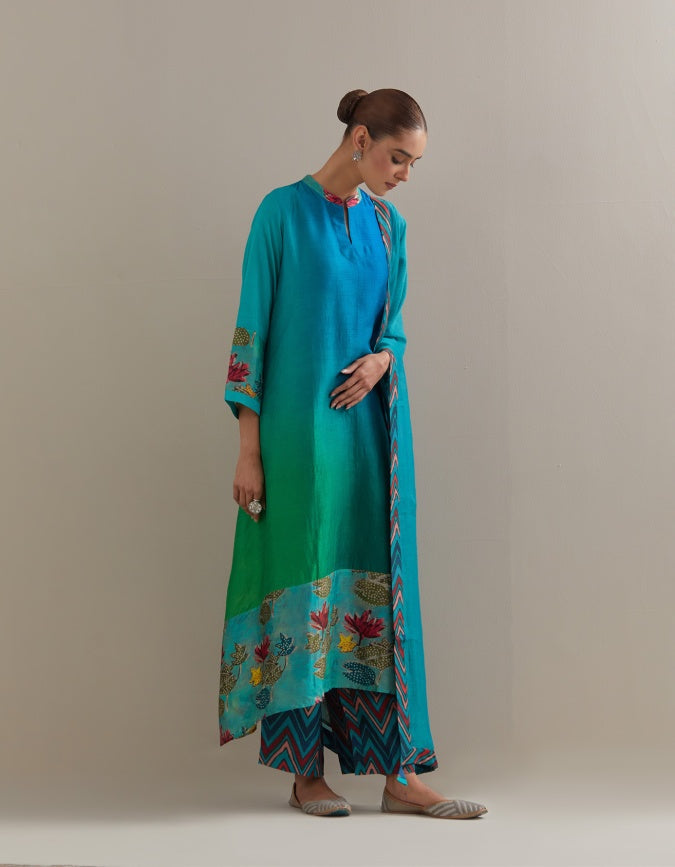 Green Blue Ombre mix and match Kurta set with dupatta and pants