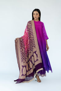 Brinjal Burgundy Ombre Kurta with heavy Banarasi Bandhej Dupatta